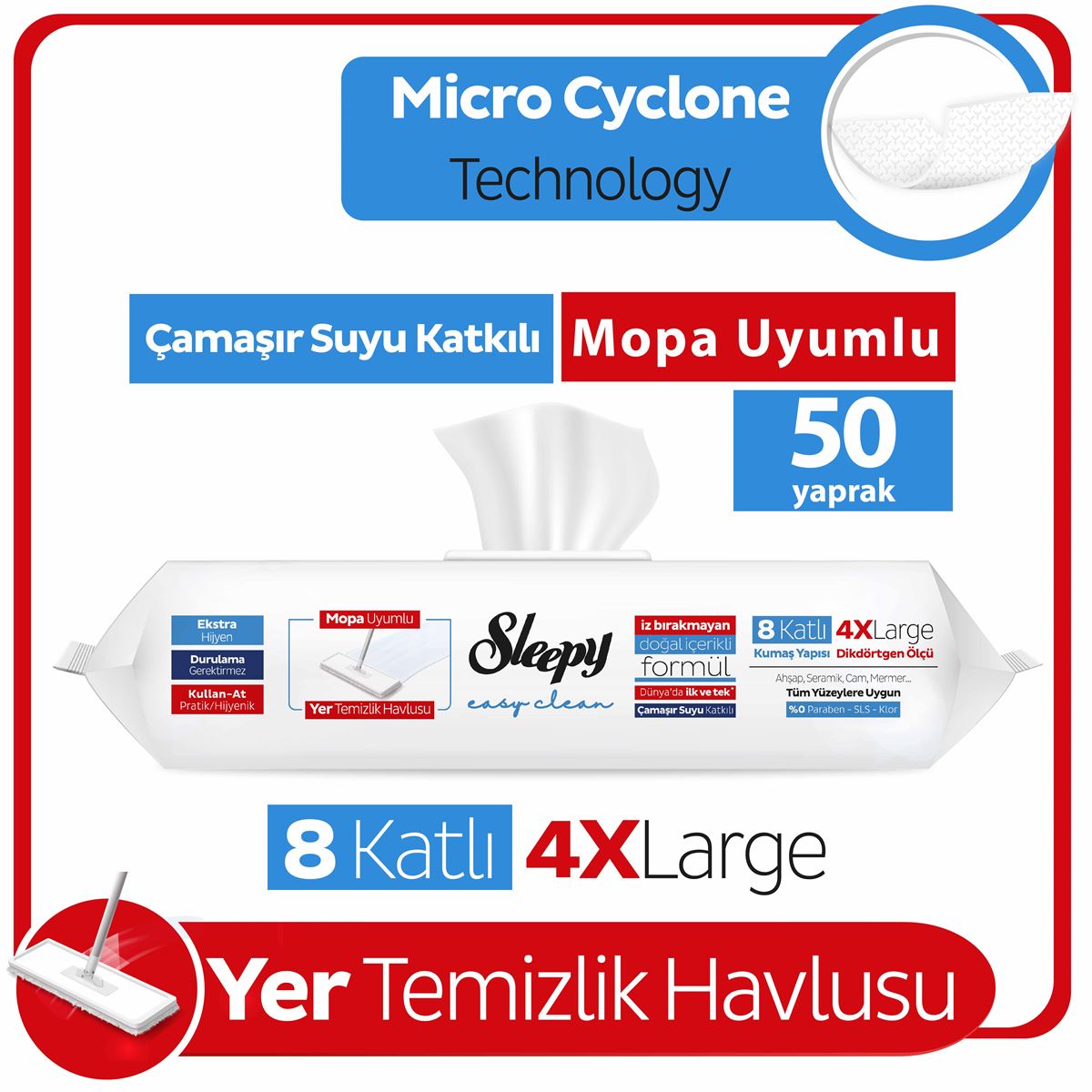Sleepy Easy Clean Bleach Added Mop Compatible Floor Cleaning Towel 4XL 50 Sheets