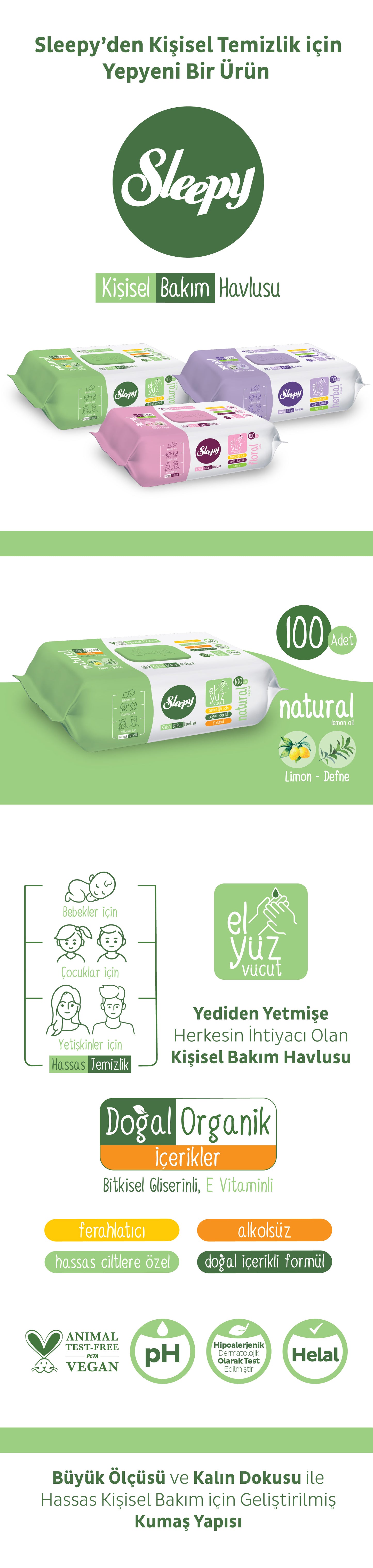 Sleepy Natural (Lemon & Laurel) Personal Care Wipes 100 Sheets - Alcohol Free & Halal