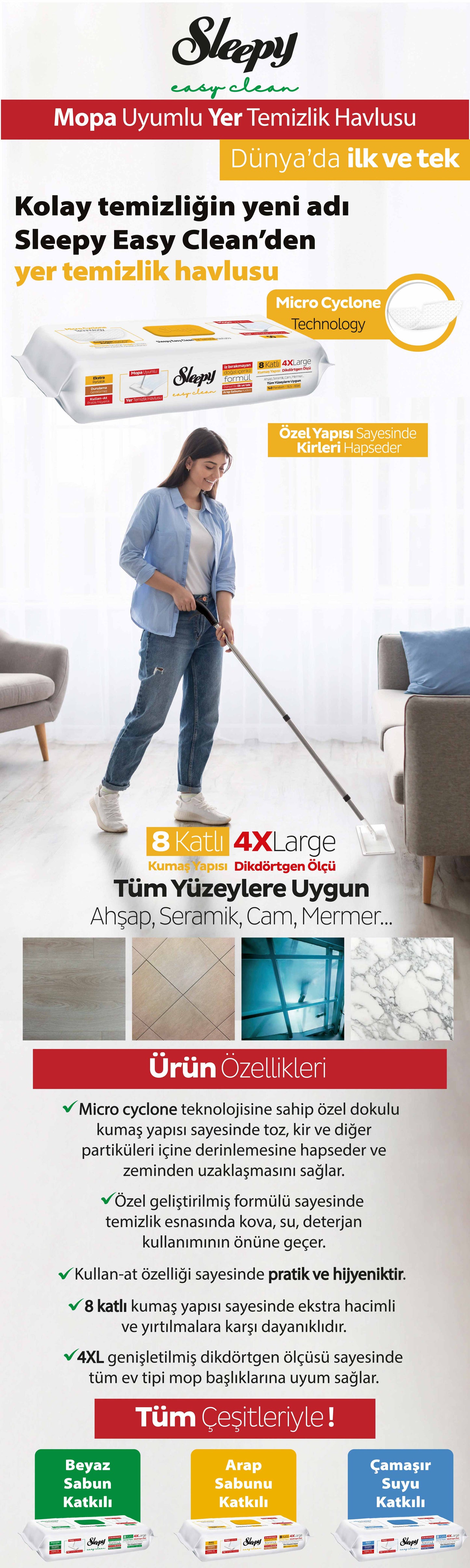 Sleepy Easy Clean Arap Sabunu Katkılı Mopa Uyumlu Yer Temizlik Havlusu 50 Yaprak