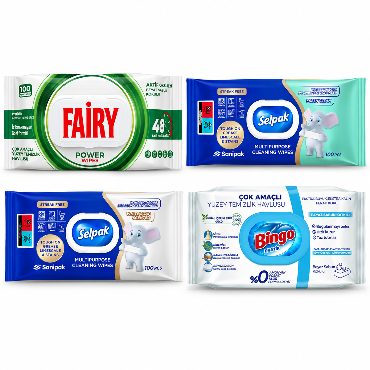 Cleaning wipes mix pack with Fairy Power Wipes, Selpak Fresh Clean, Selpak White Soap and Bingo Pratik – 4 packs