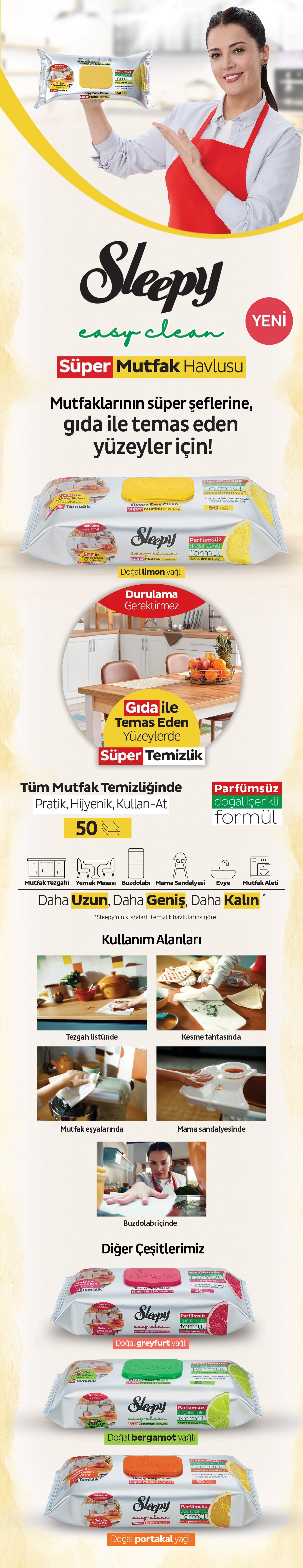 Sleepy Easy Clean Süper Yüzey Temizlik Mutfak Havlusu & Mendili Limon Yağlı 50 Yaprak