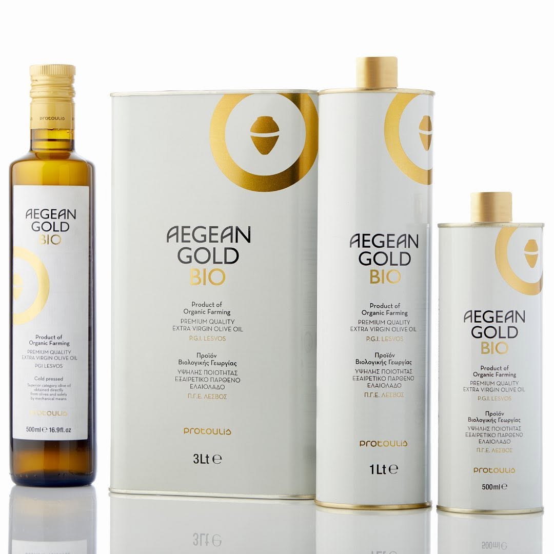 Aegean Gold Bio organic PGI Lesvos olive oil by Protoulis in 500ml 1L and 3L formats
