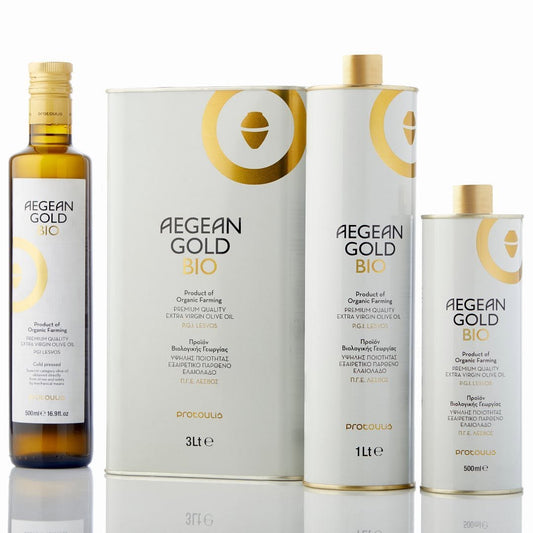 Aegean Gold Bio organic PGI Lesvos olive oil by Protoulis in 500ml 1L and 3L formats