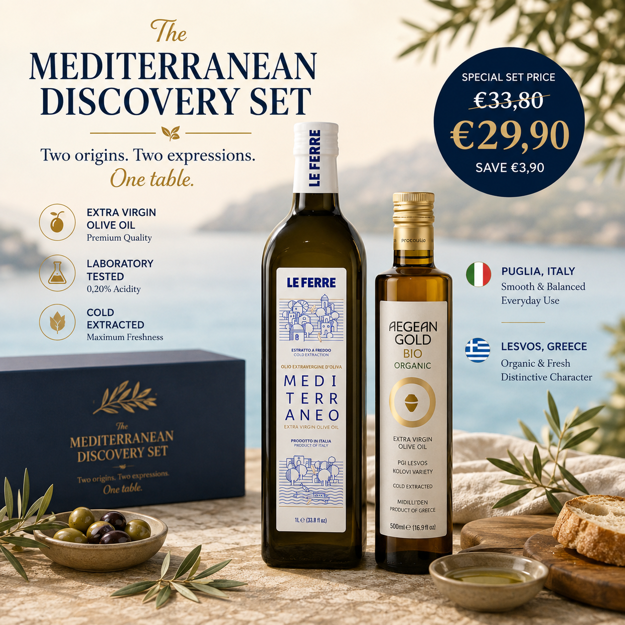 Le Ferre Mediterraneo and Aegean Gold Bio extra virgin olive oil comparison – Puglia Italy and Lesvos Greece
