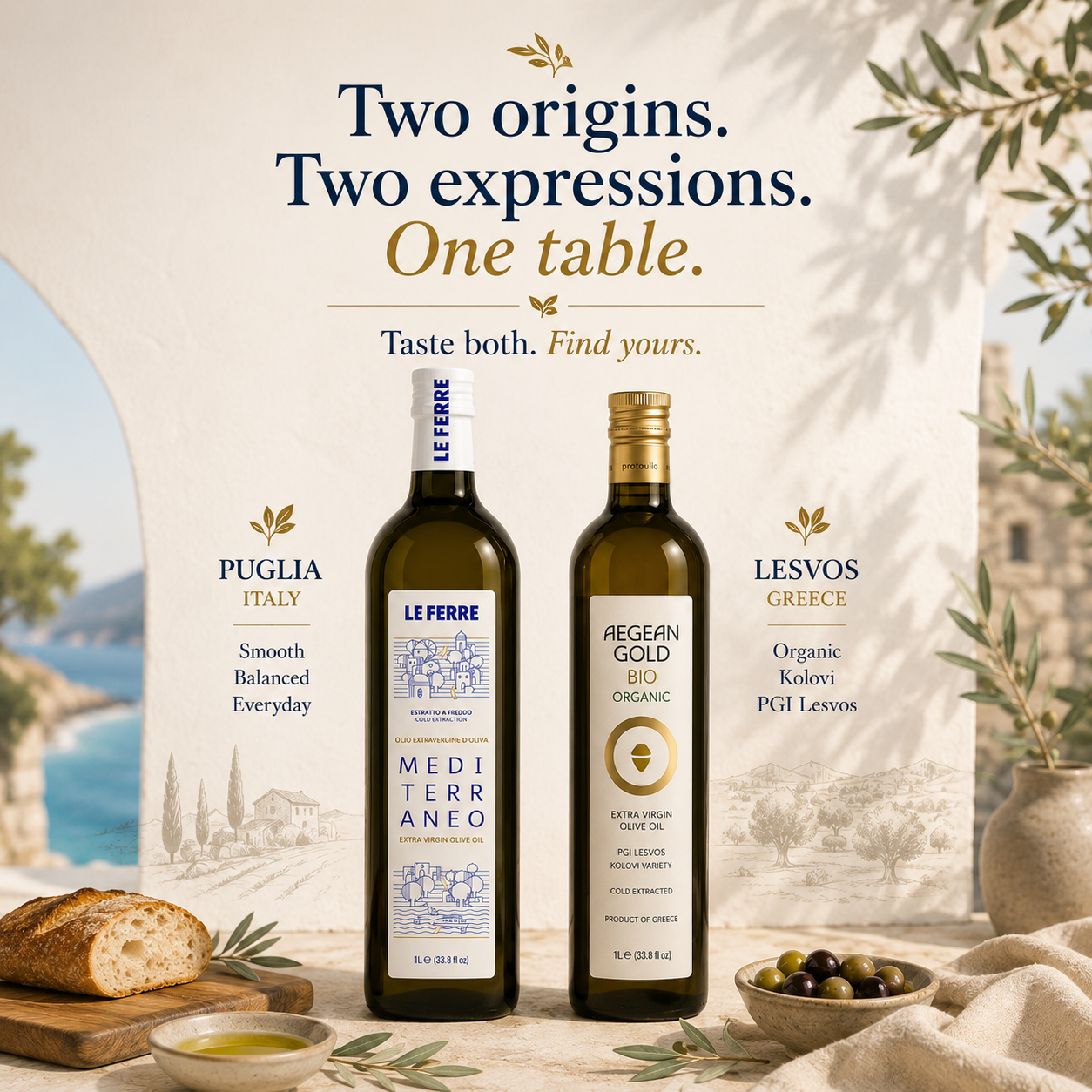 Italian and Greek extra virgin olive oils for side-by-side tasting