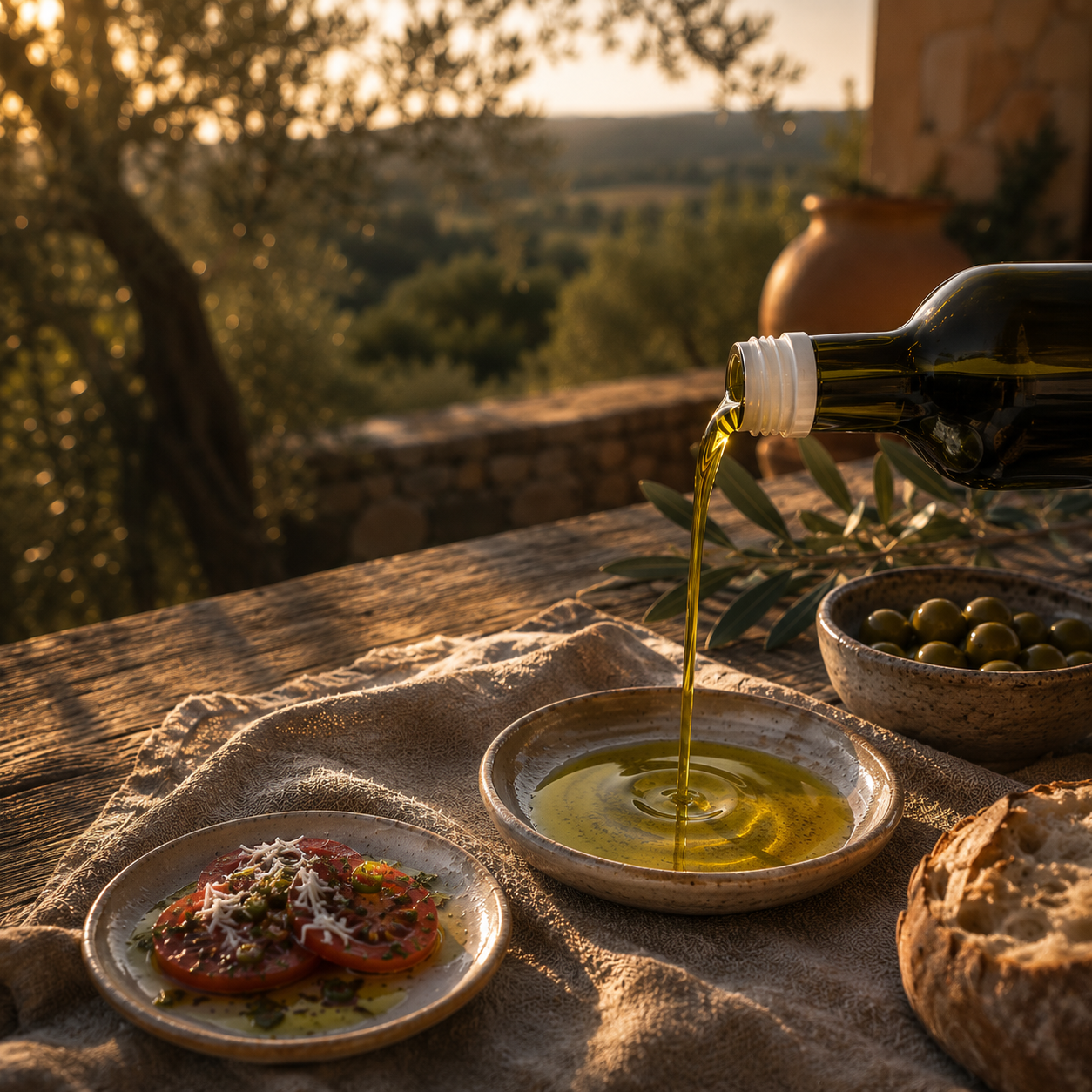 Le Ferre Extra Virgin Olive Oil served with fresh bread and Mediterranean dishes.