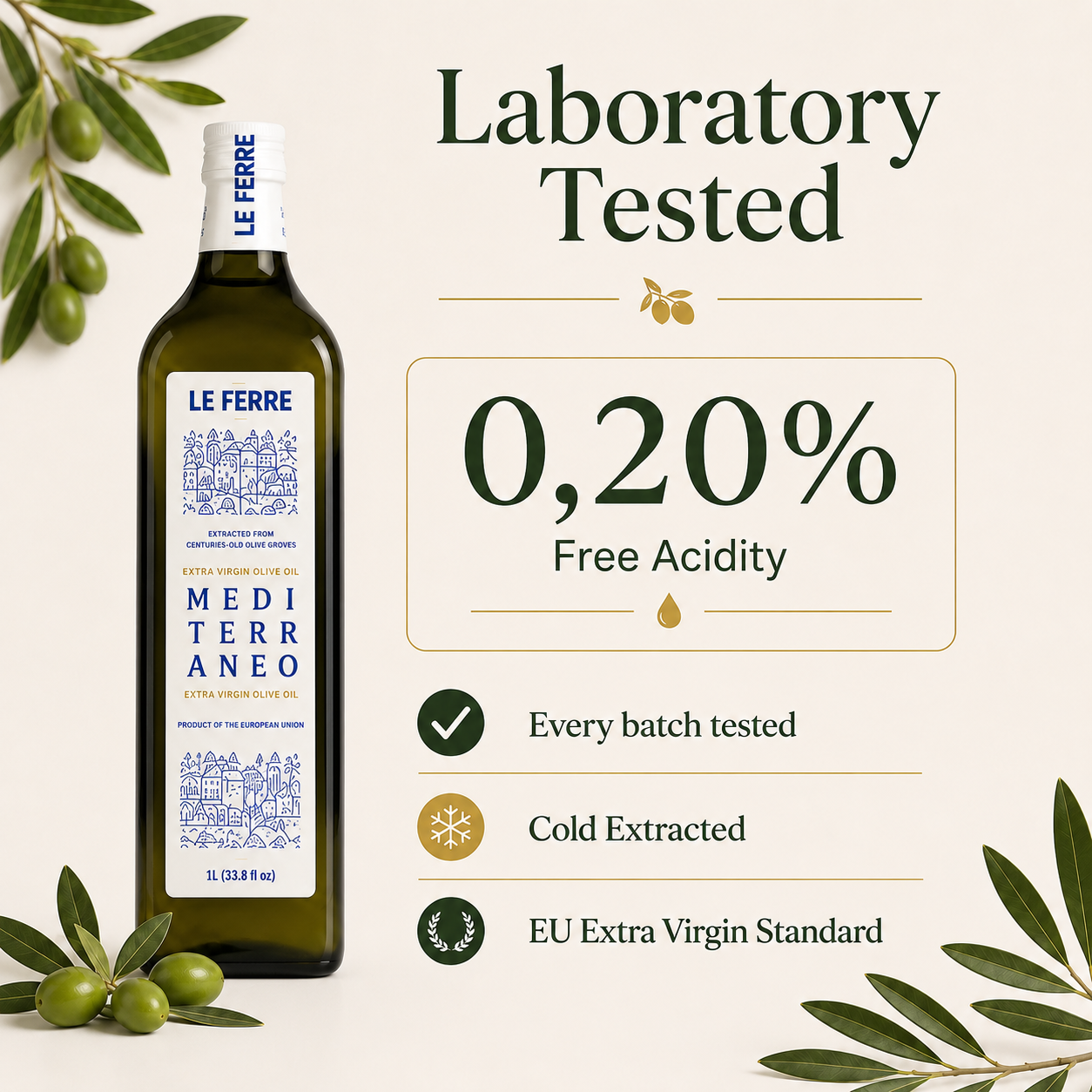 Laboratory tested Le Ferre Extra Virgin Olive Oil with 0.20% free acidity.