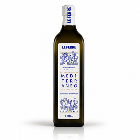 Le Ferre Mediterraneo Extra Virgin Olive Oil 1L in a dark glass bottle.