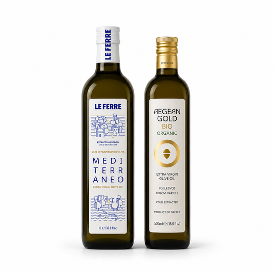 Mediterranean Discovery Set with Le Ferre 1L Italian extra virgin olive oil and Aegean Gold Bio Organic 500ml from Lesvos