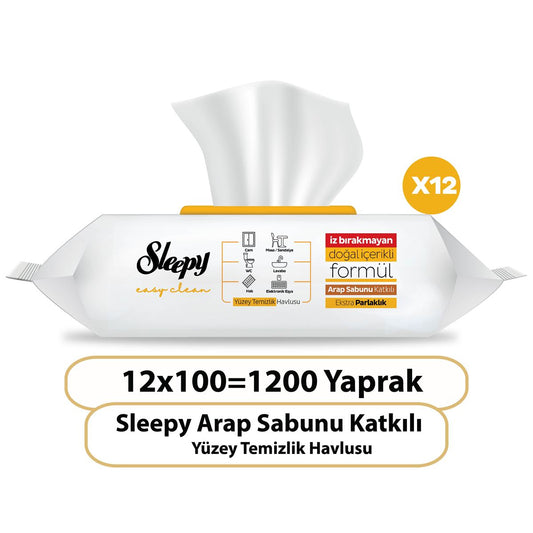 12 x Sleepy Easy Clean Arap Sabunu Katkılı Yüzey Temizlik Havlusu 100 Yaprak - Ücretsiz Kargo