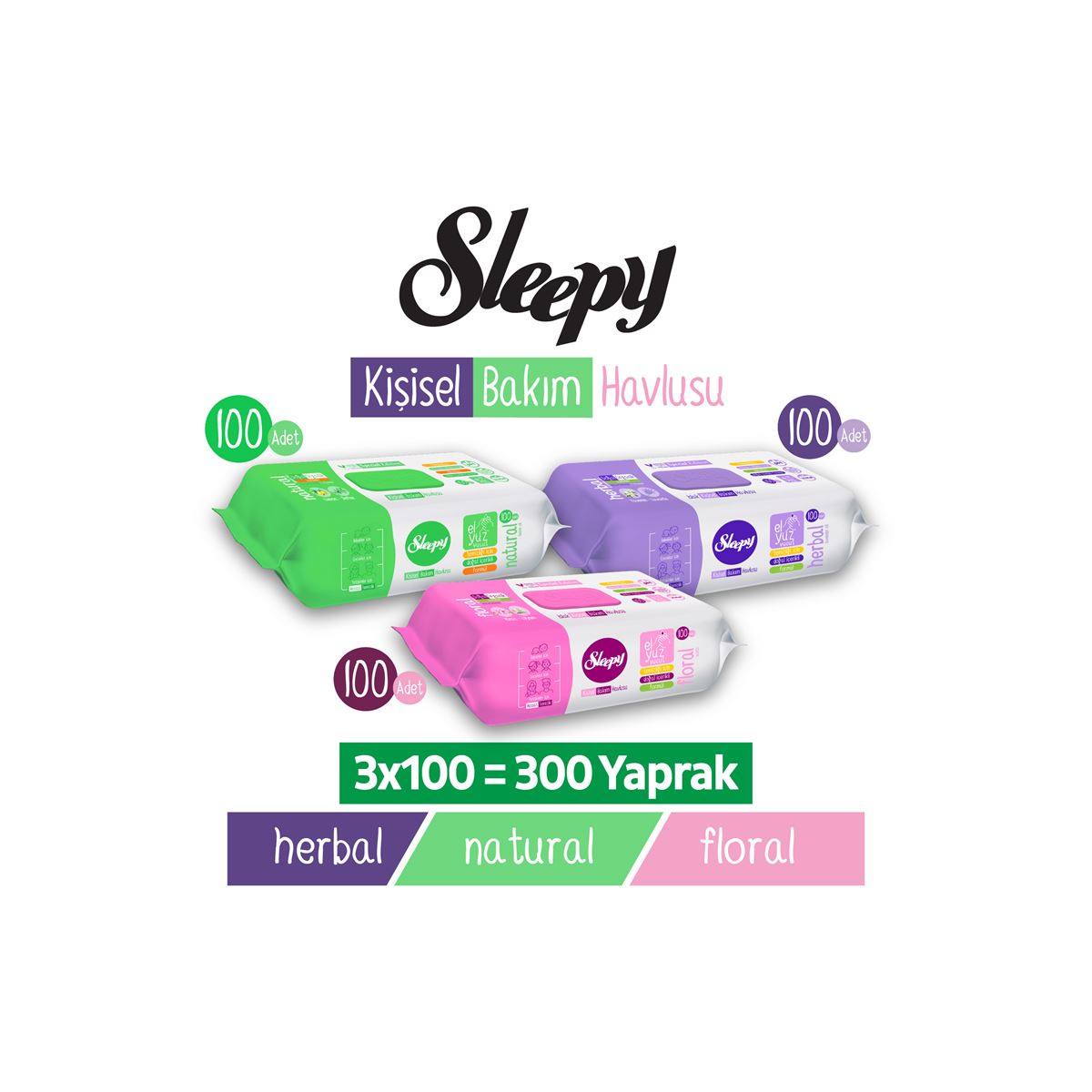 Sleepy Personal Care Wipes Mixed Pack 300 Sheets with Natural Floral and Herbal varieties alcohol free and halal certified