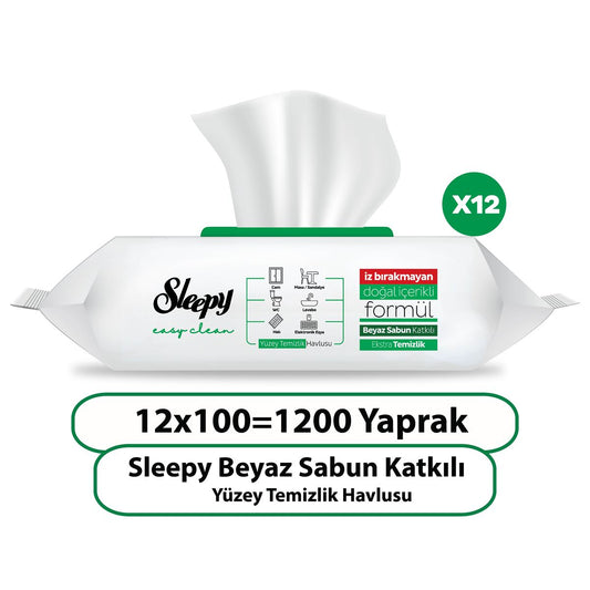 12 x 100 Adet Sleepy Easy Clean Beyaz Sabun Katkılı Yüzey Temizlik Havlusu - Ücretsiz Kargo