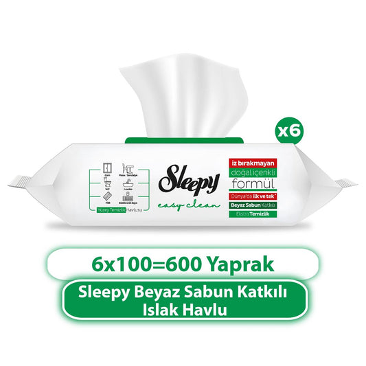 6 x 100 Adet Sleepy Easy Clean Beyaz Sabun Katkılı Yüzey Temizlik Havlusu - Ücretsiz Kargo